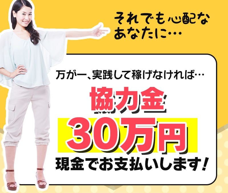 万が一、実践して稼げなければ…協力金30万円現金でお支払いします